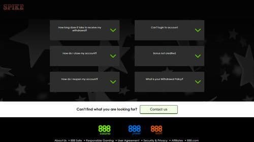 888 Casino Support Page Screen